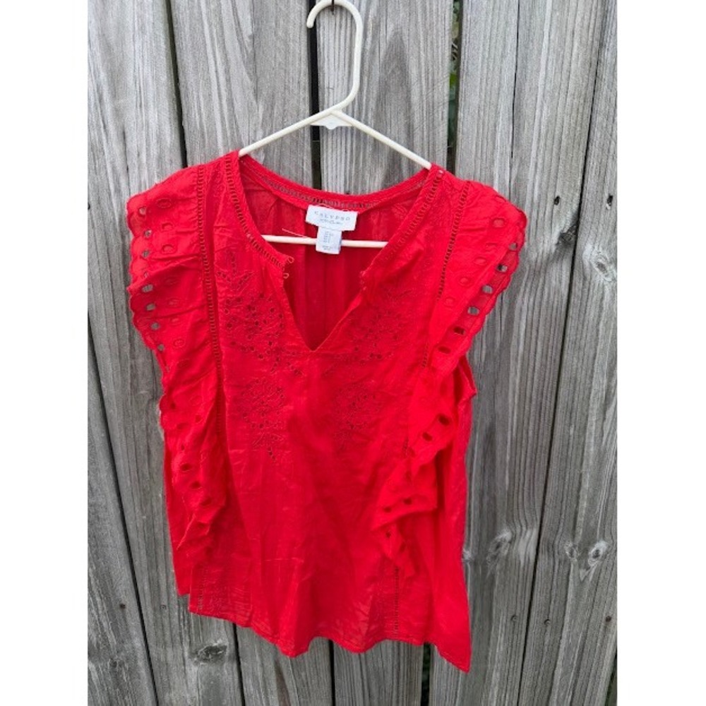 Boho Eyelet Calypso St. Barth Top Small Red Embroidered Flutter Sleeve Blouse